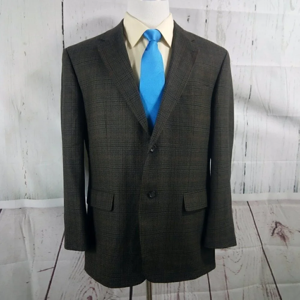 Oscar de la Renta 44R Lambswool Blend 2 Btn Brown Plaid Suit Blazer Sport Coat